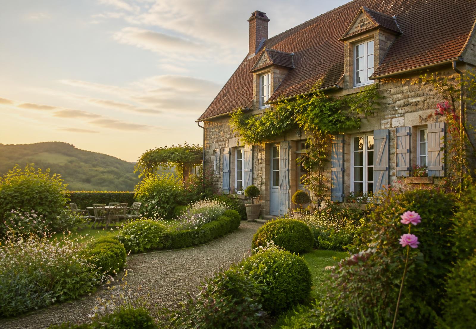 Maison de campagne normande en pierre entourée d'un jardin fleuri