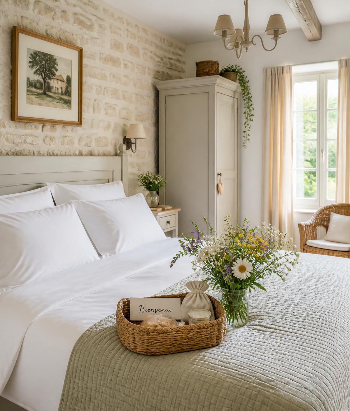 Chambre de location saisonnière préparée avec du linge blanc et un panier d'accueil